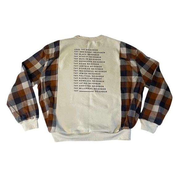 Unique One of a Kind Flannel Sleeve Love Your Neighbor Cream Sweatshirt Size M - Picture 5 of 6